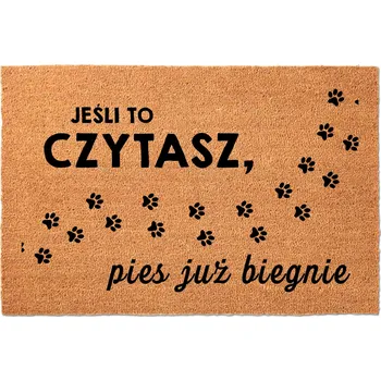 Rohožka KOKOSOVÁ ROHOŽKA PŘED DVEŘE S VTIPNÝM MOTIVEM - PES UŽ BĚŽÍ