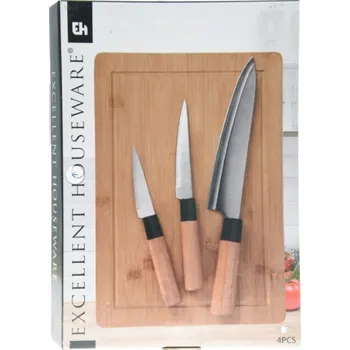 Kuchyňský nůž Sada kuchyňských nožů s bambusovým prkénkem na krájení 4 ks