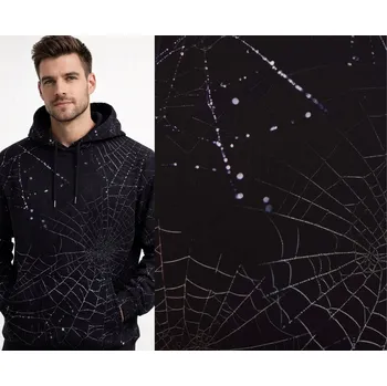 Teplákovina French Terry v černé barvě s digitálním potiskem pavučin AP-D-22754