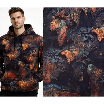 Teplákovina French Terry v černé barvě s digitálním potiskem světa AP-D-22663