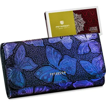 Peněženka Velká dámská karetní kožená peněženka s fialovo-modrými motýlky