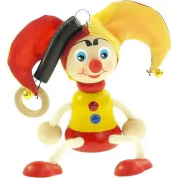 Dřevěná hračka Panáček kašpárek žlutočervený na pružině