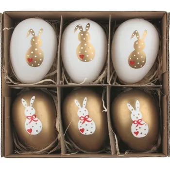 Velikonoční dekorace Sada velikonočních plastových vajec Zlatí zajíci 6 cm na zavěšení, 6 ks v krabičce