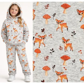 Alpenfleece v žíhané šedé barvě s digitálním potiskem lesních zvířátek 22381/960