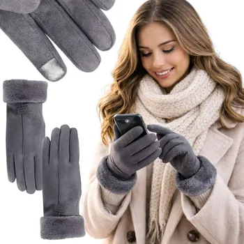 Rukavice PODZIMNÍ ZIMNÍ DÁMSKÉ RUKAVICE ZATEPLENÉ S KOŽÍŠKEM SEMIŠOVÉ ŠEDÉ