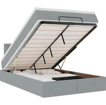 Postel Postel s otomanem světle šedá 203 x 120 x 88 cm s LED osvětlením, matrací a topperem