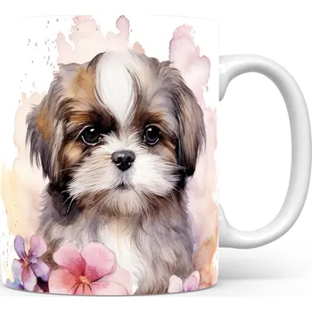 Hrnek s roztomilým shih tzu a pastelovým květinovým motivem