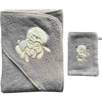 kojenecká osuška s kapucí a žínkou šedá velikost 100x100
