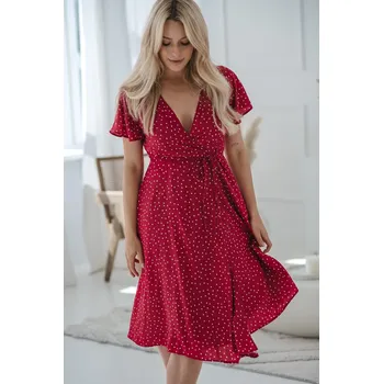 Těhotenská móda Milk & Love Elegantní těhotenské a kojící šaty zavinovací 3v1 Milk Shake karmínově červené s puntíky Velikost: L