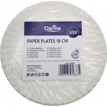 Talíř Papírové talířky Clarina bílé 18 cm, 50 kusů
