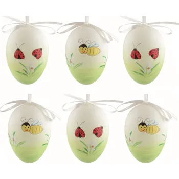 Velikonoční dekorace Velikonoční vejce plastová malovaná Včelka a Beruška 6 cm na zavěšení, 6 ks v sáčku