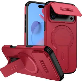 Pouzdro na mobilní telefon Kryt s posuvnou krytkou kamery, výklopným stojánkem a MagSafe pro iPhone 17 Pro - červený