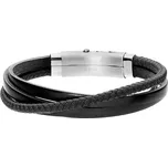 Manoki Pánský náramek Mark z pravé kůže a chirurgické oceli, bavlněná šňůrka BA585B Černá 21 cm - 22,5 cm (nastavitelná)