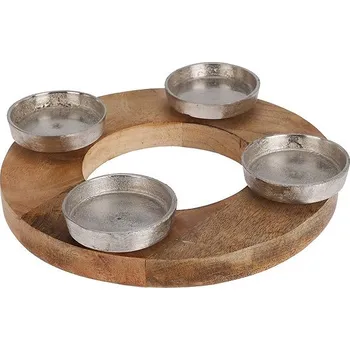 Svícen Koopmann International Kovový svícen na 4 čajové svíčky na dřevěném kulatém podstavci 270 × 45 mm, d