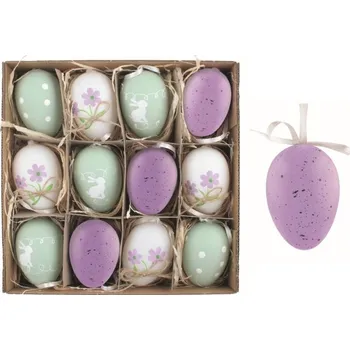 Velikonoční dekorace Sada velikonočních plastových vajec Levandule 6 cm na zavěšení, 12 ks v krabičce