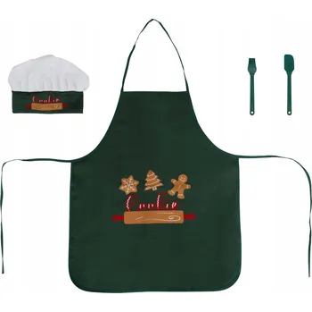 Kuchyňská zástěra DĚTSKÁ ZÁSTĚRA S ČEPICÍ A PŘÍSLUŠENSTVÍM NA PEČENÍ, VÁNOČNÍ ZELENÁ