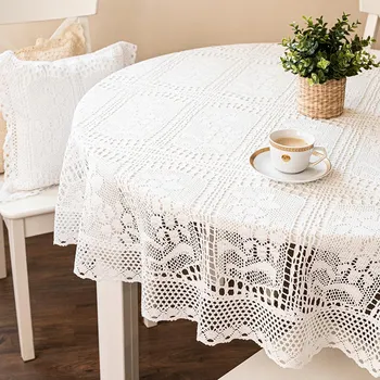 ubrus Bílý bavlněný ubrus kulatý s krajkovou výšivkou 160x160 cm BOHO