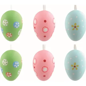 Velikonoční dekorace Sada velikonočních plastových vajec malovaná Barevná 6 cm na zavěšení, 6 ks v sáčku