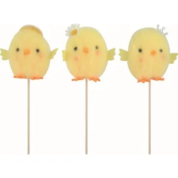 Velikonoční dekorace Kuřátko s dekorací na hlavě žluté 7,5 x 6,5 x 4 cm + špejle