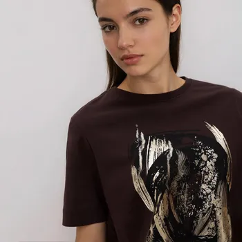 Dámské tričko Reserved - Bavlněné tričko s potiskem - tmavě hnědá - 162HT-89X - 162HT-89X-M