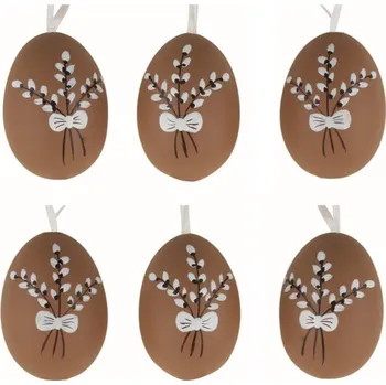 Velikonoční dekorace Velikonoční vejce plastová Hnědá s větvičkou 4 cm na zavěšení, 6 ks v sáčku