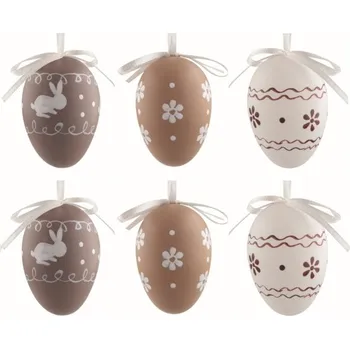 Velikonoční dekorace Velikonoční vejce plastová Hnědý dekor 6 cm na zavěšení, 6 ks v sáčku