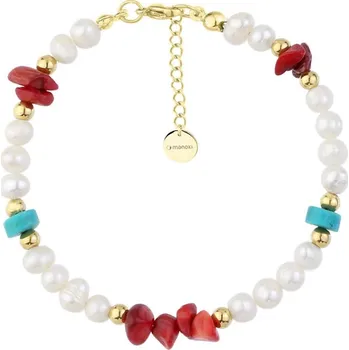 Náramek Manoki Luxusní perlový náramek Noelia - korál, tyrkys, perla BA1128G Zlatá 17 cm + 3 cm (prodloužení) Bílá