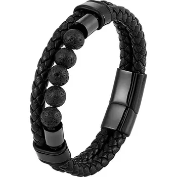 Náramek Daniel Dawson Pánský náramek Celso - 8 mm lávový kámen, ocel, kůže NR2251-L20239B/23 Černá 23 cm