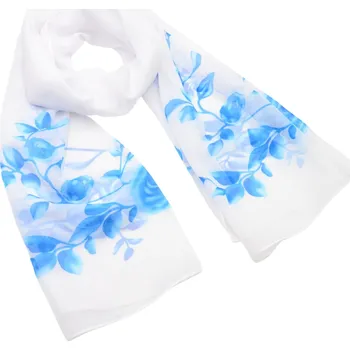 Šála Šála vzdušná - bílo-modrá s květinami