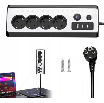 Napájecí kabel ZÁSUVKOVÁ LIŠTA 4 ZÁSUVKY 2 PORTY TYPE-C 1 USB A LED ČERNÁ