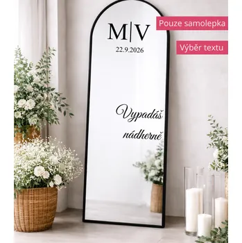 Svatební dekorace Samolepka na svatební zrcadlo s iniciálami, datem a textem pro hosty