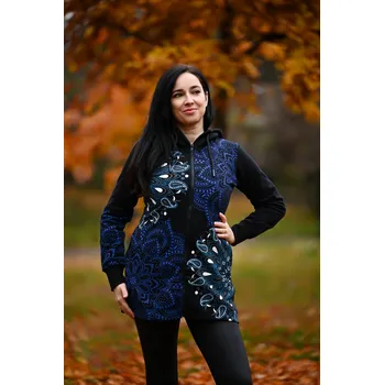 Dámská mikina Himalife Hřejivá mikina na zip s kapucí Lila - černá s tyrkysovou a modrou Velikost: L