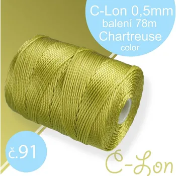Nit Nylonová nit C-Lon pevná korálková nit. Barva 91 Chartreuse. Síla nitě 0,5mm. Balení 78m na cívce.