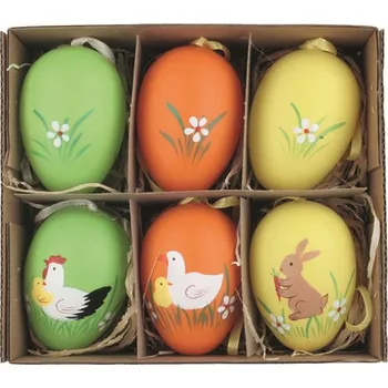 Velikonoční dekorace Sada velikonočních plastových vajec malované Velikonoce 6 cm na zavěšení, 6 ks v krabičce