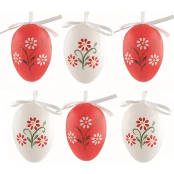 Velikonoční dekorace Velikonoční vejce plastová Květiny červené a bílé 6 cm na zavěšení, 6 ks v sáčku