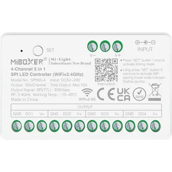 MiBoxer SPIW5-4 Digitální ovladač SPI LED 5v1 WiFi+2.4G RGBW RGBCCT, 4 zóny