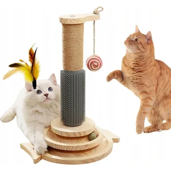 ŠKRABADLO PRO KOČKY HRAČKA SE SACÍM PEŘÍM, ŠKRABACÍ SLOUPEK, DŘEVĚNÁ SISAL