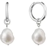 Stříbrné náušnice kruhy s visací bílou říční perlou baroko 21106