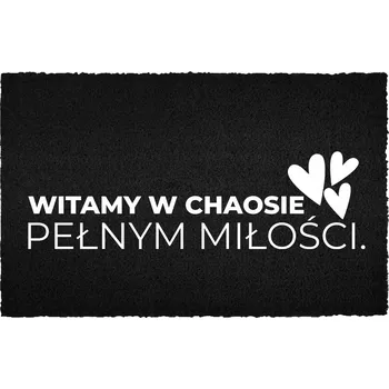 Rohožka KOKOSOVÁ ROHOŽKA 40X60 ČERNÁ PŘED DVEŘE NÁPIS CHAOS A LÁSKA VÍTÁNY!