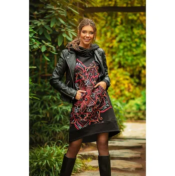 Dámská mikina Himalife Šatomikina s maxi kapucí Subira - černá s červenou Velikost: 3XL - Móda pro plnoštíhlé, Oblečení nadměrné velikosti