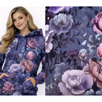 Teplákovina French Terry v modré barvě s digitálním potiskem květin AP-D-22851