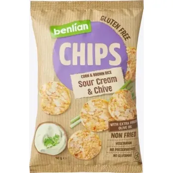 Chips Snack vyrobený z kukuřice a rýže 50 g / benlian CHIPS zakysané smetany a pažitky - VÝPRODEJ !!! DMT: 8/2025 (Kukuřičné a rýžové lupínky - s příchutí zakysané smetany a pažitky)