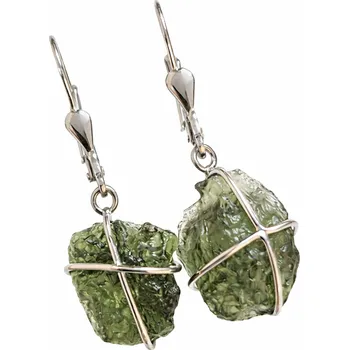 Náušnice Stříbrné visací náušnice s nebroušenými vltavíny P36 0021