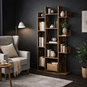 Knihovna Asymetrická knihovna 13 polic, 86x25x140 cm, rustikální
