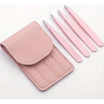 Péče o řasy a obočí 4x PINZETA NA ÚPRAVU OBOČÍ PINZETA ŠIKMÁ PŘESNÁ RŮŽOVÁ SADA V POUZDRU