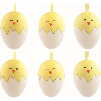 Velikonoční dekorace Sada velikonočních plastových vajec Kuřátka 6 cm na zavěšení, 6 ks v sáčku