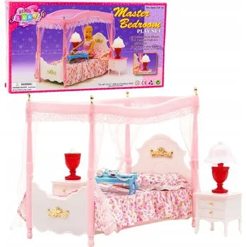 Doplněk pro panenku Sada Nábytku pro Panenky Postel s Nebesy Noční Stolky Lampičky