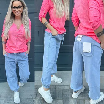 Dámské kalhoty Kalhoty s gumou DENIM LOVE Velikost: XS, Barva: Modrá