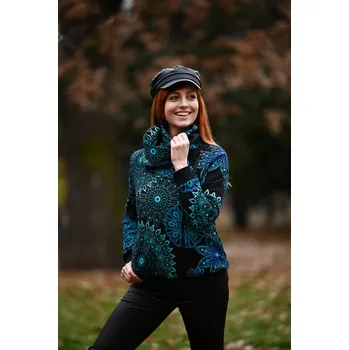 Dámská mikina Himalife Hřejivá mikina na zip s maxi límcem Sari - černá s tyrkysovou a modrou Velikost: L