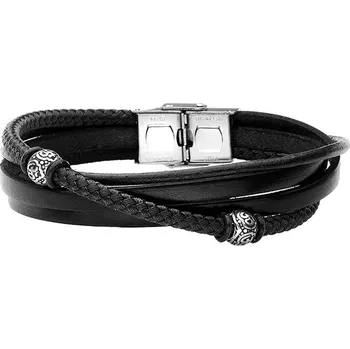 Náramek Manoki Pánský náramek Ernst z pravé kůže a chirurgické oceli BA654B Černá 22 cm